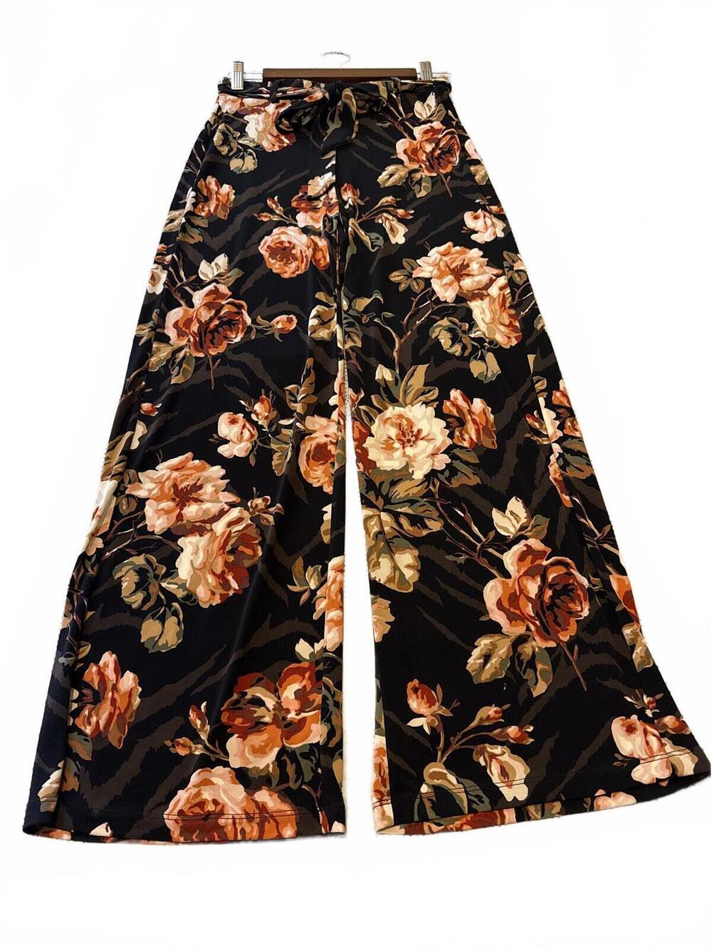 White House Black Market Wide Leg Floral Print Pants with Tie Waist